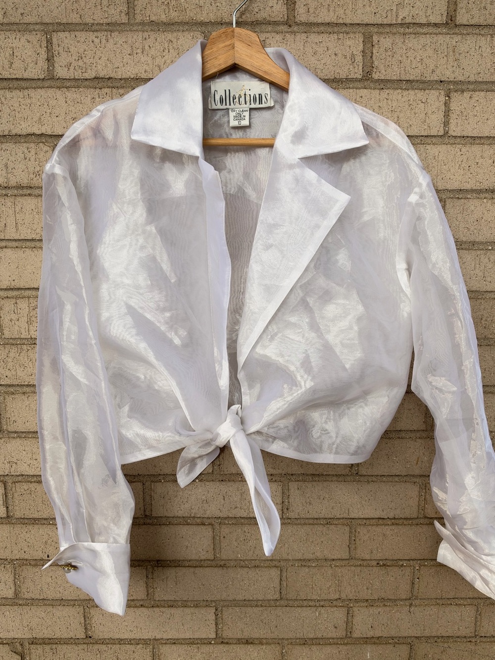Vintage Collections White Organza Sheer Tie Front Blouse Pearl Cuffs Size 10